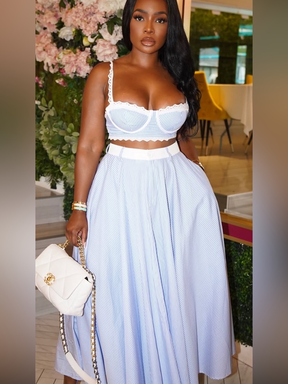 Women's Light Blue Pleated Maxi Skirt and top Set - Elegant Summer Style